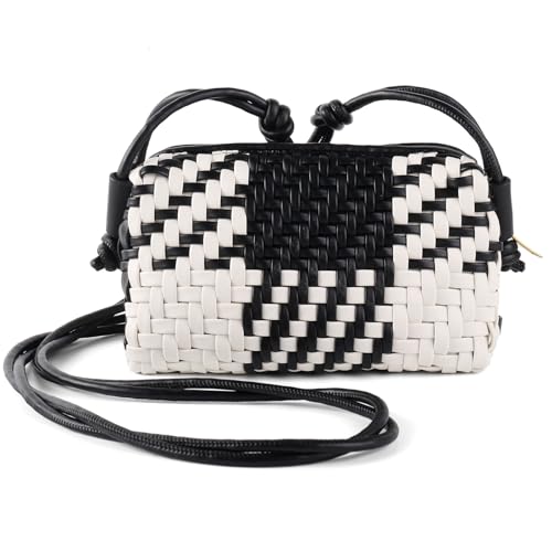 Woven Crossbody Bags for Women Handwoven Purses Vegan Leather Small Handbag Handmade Shoulderbag | Lightweight - color: Black and White