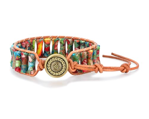 Sriomu 7 Chakra Bracelets for Women Handmade Natural Jasper Stone Healing Bead Bracelet Women Men Boho Friendship Inspirational Jewelry Natural Jasper Stone Double Layer Healing Bead Jewelry Gifts - color: Colored-Leather