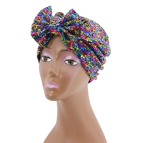 Erinaco Women Sparkle Sequin African Turban Bow Knot Pre-Tied Cap Pleated Ruffle Bonnet Beanie Hat Headwrap Skull Caps - color: Colorful Sequin