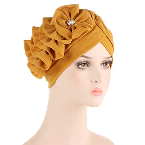 Flower Turban Hats for Women - Ruffle Bead Stretch Solid Caps Chemo Cancer Pre Tied Headscarf Headwear - color: Yellow