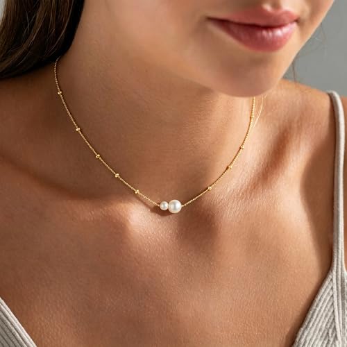 M MOOHAM Gold Necklace for Women Non Tarnish - Dainty 14K Gold Plated Beaded Chain Small Pendant Necklaces Simple Pearl Circle Beads Teardrop Pendant Necklace for Women Trendy Jewelry Gifts - color: Pearl Pendant