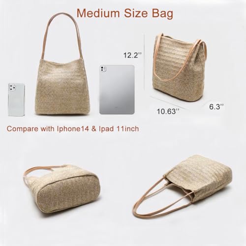 Aphoraeny Straw Beach Bag Buckets Totes Handbag Shoulder Tote Bag Straw Purse Summer Purse Women Summer Handbag - color: A-dark Beige