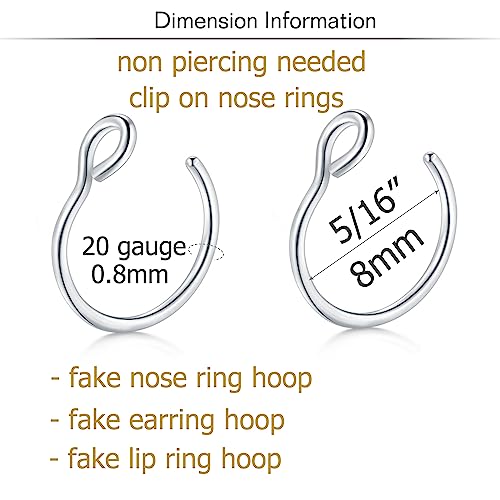 MODRSA Fake Nose Stud Fake Nose Ring Stud Fake Nose Piercing Fake Lip Ring Fake Earrings Stud Silver Gold Fake Cartilage Helix Earring Clip on Earring Hoop Fake Eyebrow Ring Fake Bridge Piercing - color: C3-hoops- silver black gold