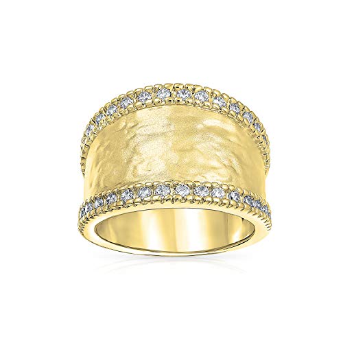 Bling Jewelry Personalized Modern Geometric Boho Style Criss Cross CZ Accent Band Fashion Statement Brushed Hammered Matte Finish Wide Band Ring For Women Yellow 14K Gold Plated Brass Customizable - color: Gold-Tone