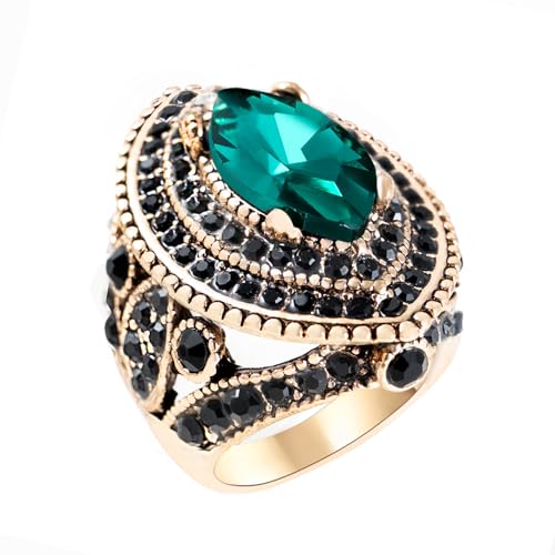 Women Ring - 32mm Big Size Antique Gold Plated Turkish Style Green Black Gemstone Vintage Ring Women Jewelry J0769GreenBlack