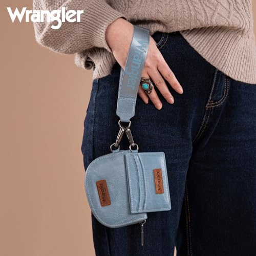 Wrangler KeyChain Wallet Wristlet Wallets for Women Dual Pouch Wristlet with Zipper Womens Credit Card Holder Wallet - color: A-Jean