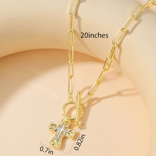 Chunky Cross Necklace for Women, 14K Gold/Silver Plated Statement Paperclip Chain Double Cross Pendant Necklaces Non Tarnish for Faith Religious Christian Jewelry Gifts - color: Gold2
