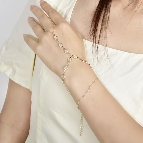 Hand Chain Bracelet Stainless Steel Finger Ring Bracelet Adjustable Gold Plated Hand Chain CZ Stackable Boho Minimalist Jewelry for Women - color: Gold Hand Chain Bracelet AN143G