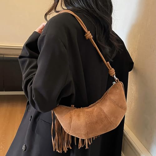 Women's Vegan Suede Fringe Crossbody Bag, Boho Crescent Shoulder Crossbody Purse, Retro Tassel Hippie Small Handbag Tote - color: Brown