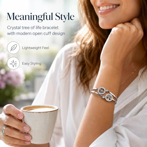 Gold Tree of Life Bangle Bracelet for Women, 18K Gold Plated Stainless Steel Double Layer Spring-Open Bangle, Meaningful Dainty Jewelry Gift - color: TREE SILVER
