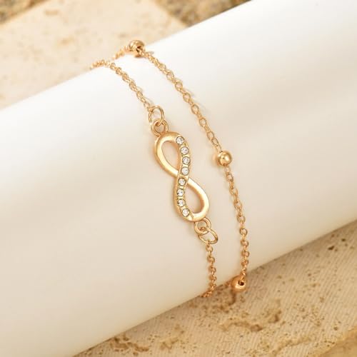 Yalice 925 Silver Ankle Bracelets Chain for Women Dainty 14K Gold Plated Waterproof Beads Anklets Layered Beach Foot Jewelry Gift - color: Gold-Infinity