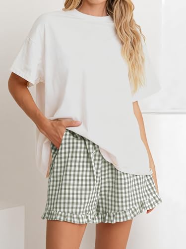 ANRABESS Boxer Shorts for Women,Gingham Plaid Elastic Waist Ruffle,Perfect for Lounge,Pajama&Sleep,Cute Casual Summer Bottoms - color: Army Green White Plaid, size: XX-Large