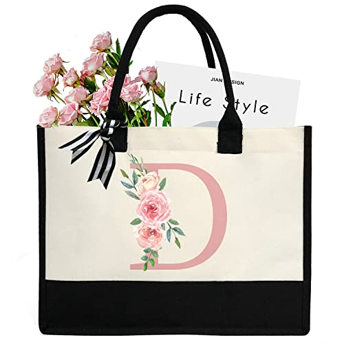 Initial Canvas Tote Bag for Women, Beach Bag with Inner Zipper Pocket Personalized Gifts for Wedding, Birthday | Initial - color: D