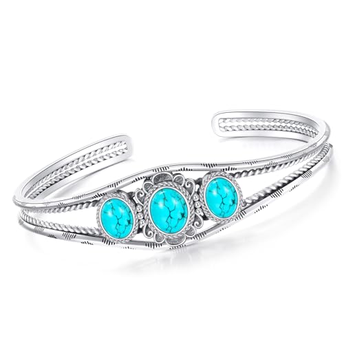 Genuine 3 Turquoise Stone Large Bracelet, Sterling Silver Boho Adjustable Bangle Cuff Native American Jewelry for Women, Fit for 6.5 7 7.5 Inches
