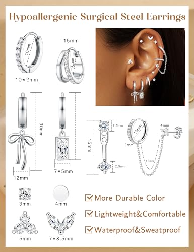 ORAZIO Small Hoop Stud Earrings Stacks for Women 14K Gold Plated Silver Huggie Hoops Cartilage Hypoallergenic Chain Cute Dangle Earrings Set for Multiple Piercings Jewelry - color: Silver Plated Earrings