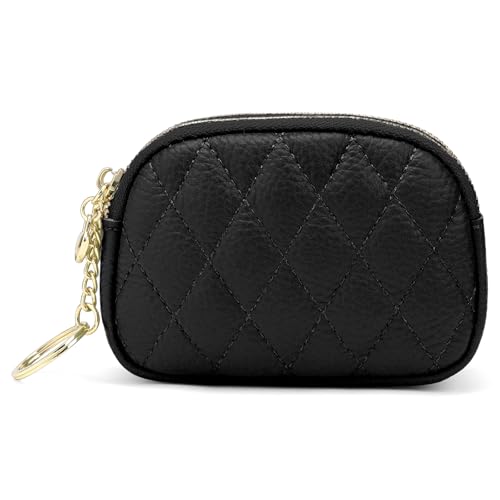 SENDEFN Women's Coin Purse Genuine Leather Wallet Small 2 Zippers Change Pouch Purse with Keychain Ring - color: 2-Black