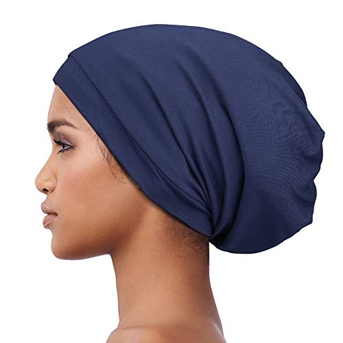 Alnorm Cozy Satin Lined Hat Slumber Cap Slouchy Skull Hat Cotton Bonnet Navy - color: Navy