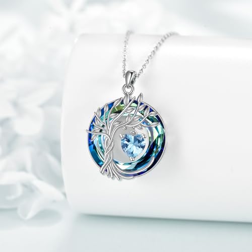 POPLYKE Mothers Day Gifts for Mom Her Wife Tree of Life Necklace 925 Sterling Silver Birthstone Pendant with Crystal Anniversary Birthday Wedding Jewelry for Women - color: 03-Mar-Aquamarine, style: White Gold Plated-Blue Crystal