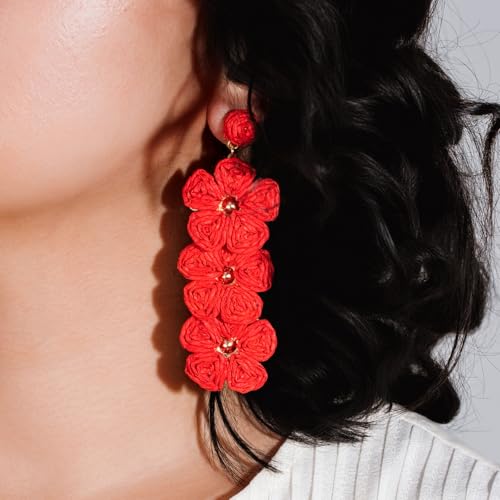 Boho Flower Earrings Statement Raffia Dangle Earrings Cute Floral Jewelry Trendy Summer Beach Vacation Outfits for Women - color: Red-2