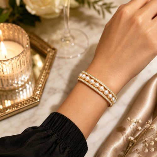 Pearl Rhinestone Stretch Cuff Bracelet for Women Adjustable | Perfect for vintage weddings parties vacations and everyday wear - color: Gold