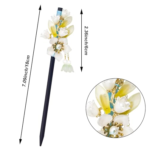 5 PACK Japanese Vintage Asian Chinese Wooden Hair Stick Retro Hairpin Flower Hair Chopsticks with Bead Pendants Forks Bun Updo Holders Handmade for Women Girls - color: White