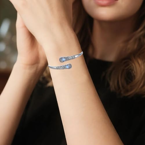 925 Sterling Silver Genuine Gemstone Bracelet for Women Men Handmade Adjustable Boho Navajo Style Bangle Cuff Natural Stone Jewelry Gift - color: Labradorite