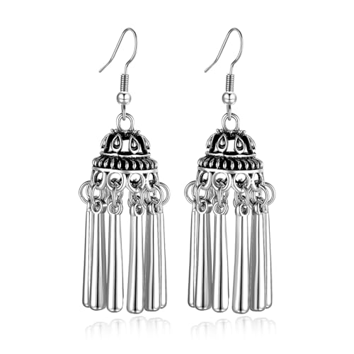 Silver Dangle Earrings For Women Trendy,Boho Cute Drop Western Earings,Vintage Gothic Ethnic Statement Beach Vacation Long Earrings with Leaf Teardrop Turquoise Crystal Tassels,Fashion Jewelry Birthday Gift. - color: A51) Lunky Roller Teardrop Tassles