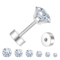 Flat Back Stud Earrings for Women - Hypoallergenic Surgical Steel Earrings with CZ Stones - 6 Pairs (18-20G) - color: Silver, size: 20 G