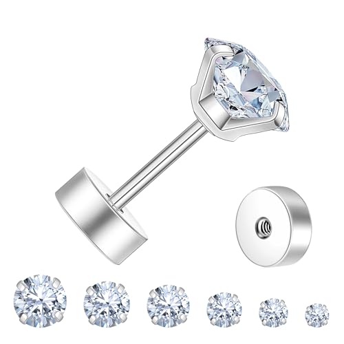 Flat Back Stud Earrings for Women - Hypoallergenic Surgical Steel Earrings with CZ Stones - 6 Pairs (18-20G) - color: Silver, size: 20 G