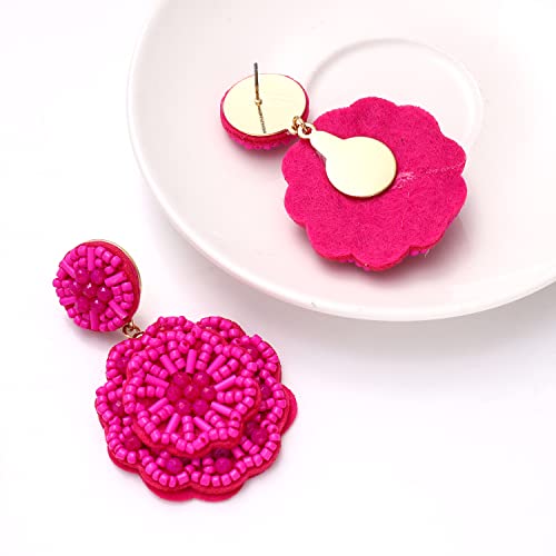 Statement Beaded Drop Earrings for Women Layered Bead Dangle Earrings - color: Rose Red bead22