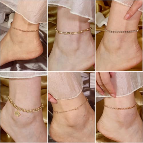 16 Pcs Gold/Silver Anklet Bracelets for Women Cuban chain Heart-shaped Beads Layered Adjustable Size Beach Daily Party - color: golden