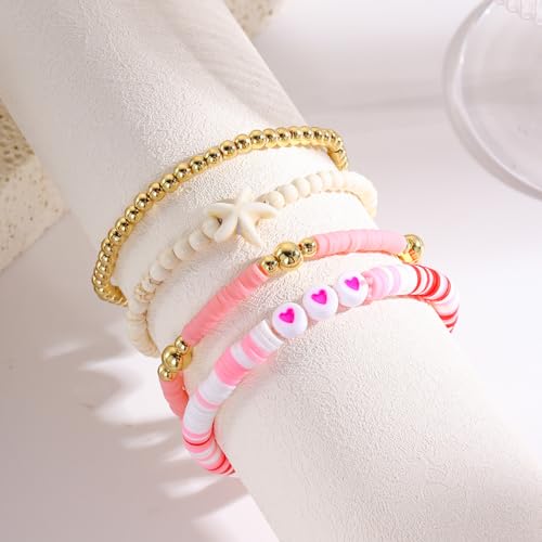 Caiyao Bohemia Multilayer Heart Imitation Pearl Beaded Stackable Bracelets Set Colorful Surfer Heishi Clay Gold Beads Stretch Bracelets for Women Men Summer Beach Boho Vacation Jewelry Gifts - color: Z-pink