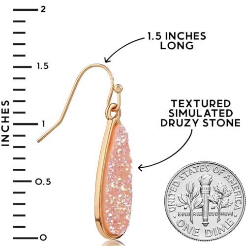 Teardrop Dangle Earrings for Women with Simulated Druzy Stones, in Gold or Rose Gold Tone - color: Gold - Created Rose Quartz