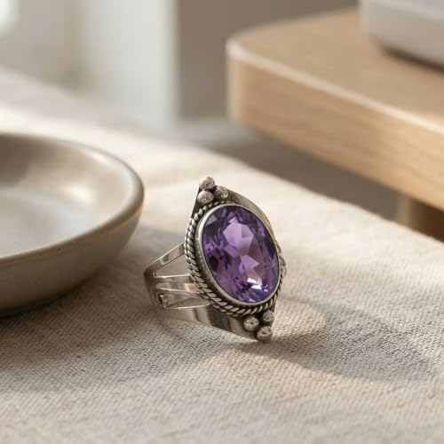 Handmade 925 Sterling Silver Plated Ring Natural Gemstone Carnelian, Rose Quartz, Tiger Eye, Crystal Oval Boho Jewelry For Women - color: Amethyst Quartz