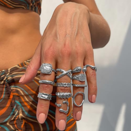 Chunky Gold Rings for Women Non Tarnish Silver Chunky Rings Set Adjustable Thick Statement Ring Gold Stackable Ring for Women Trendy Fashion Silver Jewelry - style: Style2