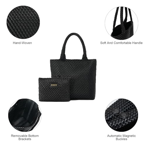 BAGOK Woven Tote Bag for Women, Handwoven Vegan Leather Shoulder Bag with Clutch, Large Tote for Work, Travel & Beach - color: Black