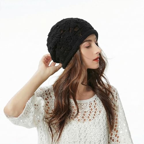 ZLYC Women Cotton Crochet Slouchy Beanie Hat Handmade Knit Summer Skull Cap - color: Crochet Black