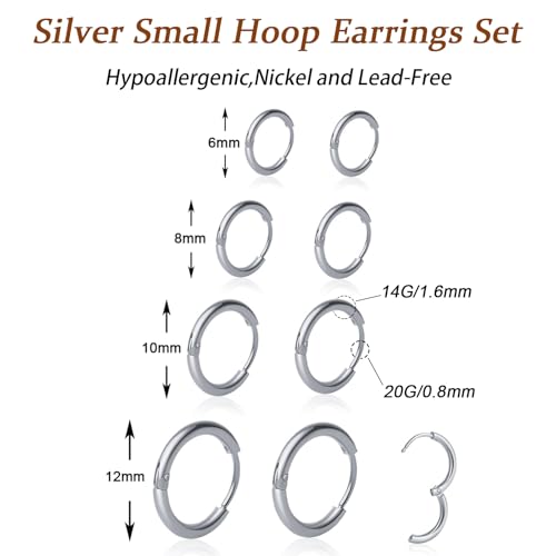 1 Pair 6mm Small Hoop Earrings for Women, 316L Surgical Stainless Steel Huggie Hoop Earrings Hypoallergenic Cartilage Hoop Earrings for Helix Tragus Conch Piercing Jewelry for Women Men(Silver/1.6mm) - color: Silver, size: 6mm (Thickness: 1.6MM)