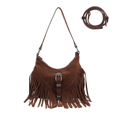 Fringe Hobo Purse for Women,Western Small Fringed Shoulder Bag Vegan Suede Hippie Crossbody Bag with Tassel - color: Coffee