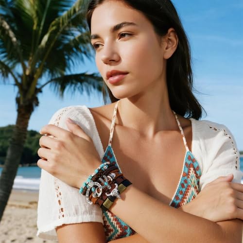 Western Outfit for Women Bohemian Vintage Stackable Turquoise Bracelet Rustic Beaded Cow Head Charm Stretch Bracelet Western Jewelry Country Concert Outfits for Women - style: Style7