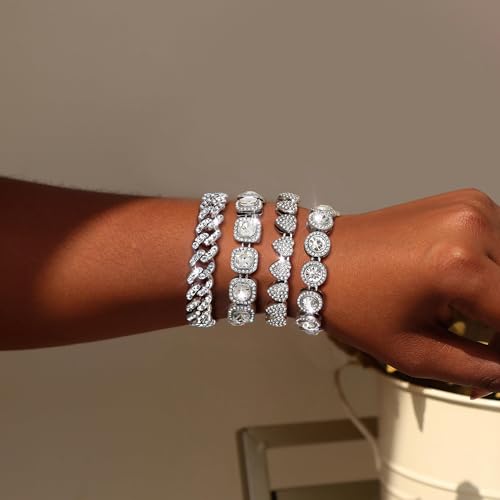TEN MIRO Silver Plated Bracelets for Women,Silver Tennis Bracelets for Women Non Tarnish Heart Round Square Cuban Bracelet stack Layered Link Bracelet Set Fashion Jewelry for Women or Men