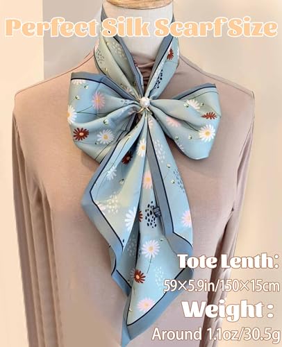 kcctoo 59” Long Silk Like Head Scarf Women's Fashion Square Neck Satin Scarfs for Bag Hair Scarves Gift 59 * 5.9” - color: E1 Little Daisy Light Green 59" X 5.9"
