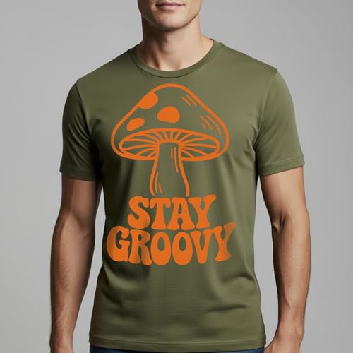 Stay Groovy Mushrooms T-Shirt– Retro Aesthetic Apparel – 100% Cotton Unisex Tee - color: Green, size: Medium