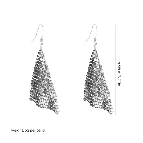 Sequin Earrings for Women Metal Mesh Grid Sequins Tassel Long Drop Dangle Earrings Trendy Charms Bridal Wedding Jewelry - color: Silver