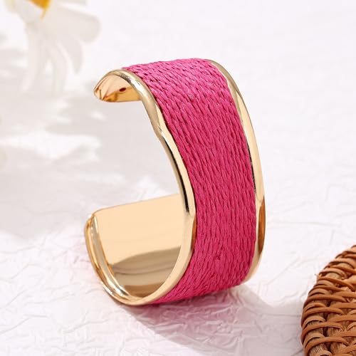 Raffia Colorful Chunky Cuff Bracelet For Women Statement Irregular Wave Vacation Tropical Beachy Spring Summer Wide Open Bangle Handmade Boho Costume Jewelry Accessories - color: Pink