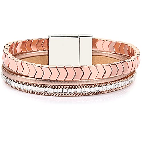 FANCY SHINY Hematite Leather Wrap Bracelets Beaded Healing Stone Cuff Bracelet Rhinestone Boho Jewelry Gift for Women with Clasp - color: Rose Gold