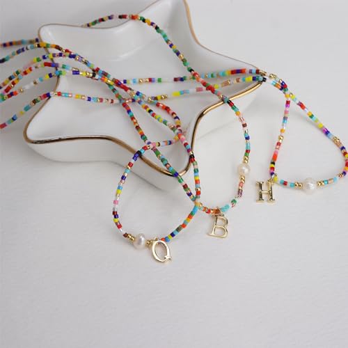 Colorful Pearl Beaded Initial Choker Necklaces for Women, Boho Handmade Personalized Seed Beads Letter Name Necklace Beach Surfer Bohemian Jewelry Gift - color: C