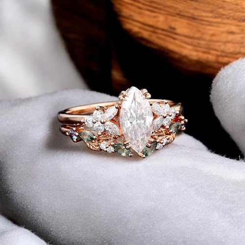 Vintage Marquise Moissanite Bridal Set Moss Agate Wedding Band, Rose Gold Leaf Cluster Shank Engagement Ring Set, Nature-Inspired Gift for Women, Bridal Jewelry
