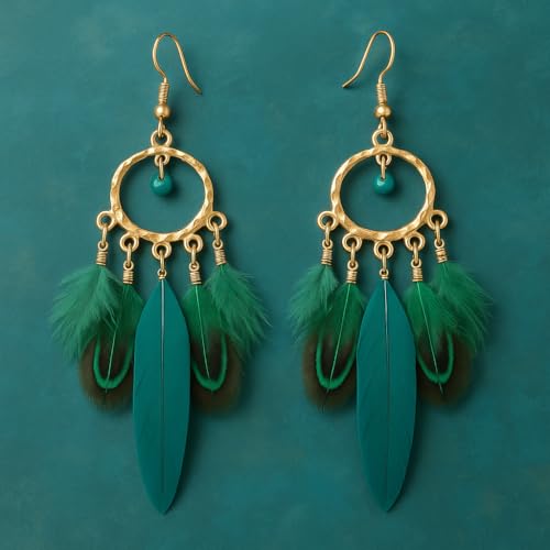 Feather Earrings for Women, Boho Long Brown Gold Dangle Drop Earrings, Handmade Statement Vintage Western Style Lightweight Trendy 2026 Fancy Unique Jewelry Gift - color: Green