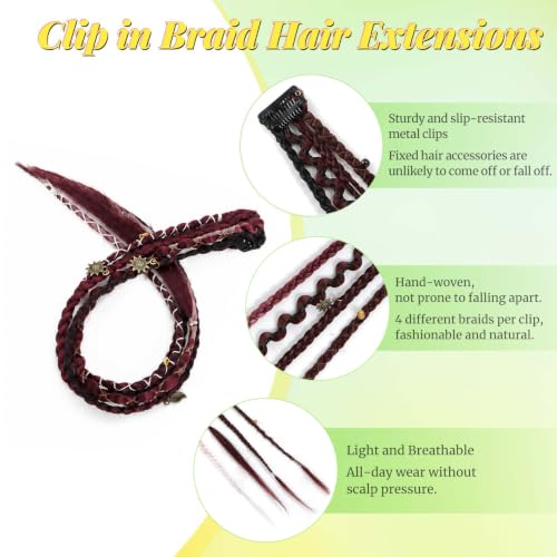 2PCS Boho Dreadlock Clip In Braids with Charms and Beads, Handmade Dreadlock Braids Hair Extensions Synthetic Braided Hairpieces for Women (Burgundy with White, 20 Inch) - color: Burgundy with White, size: 20 Inch